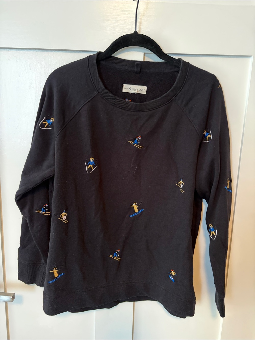 Lou & Grey for Loft Black Crewneck Sweatshirt Embroidered Skiers